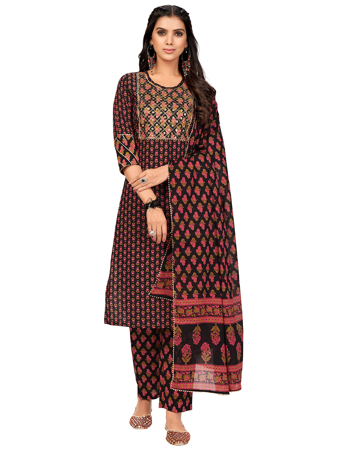 Black Sequience Straight Cotton Kurta Set