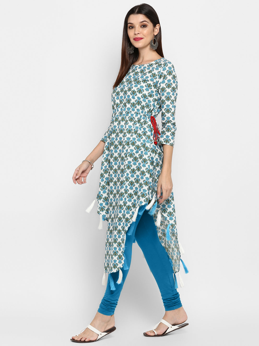 White & Sky Blue Color Cotton Asymmetric Kurti