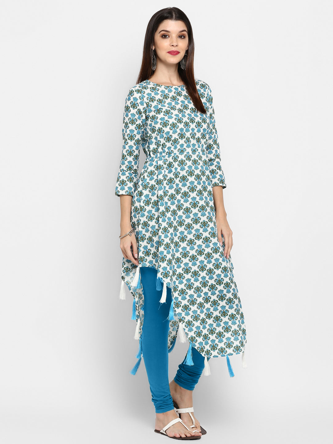 White & Sky Blue Color Cotton Asymmetric Kurti