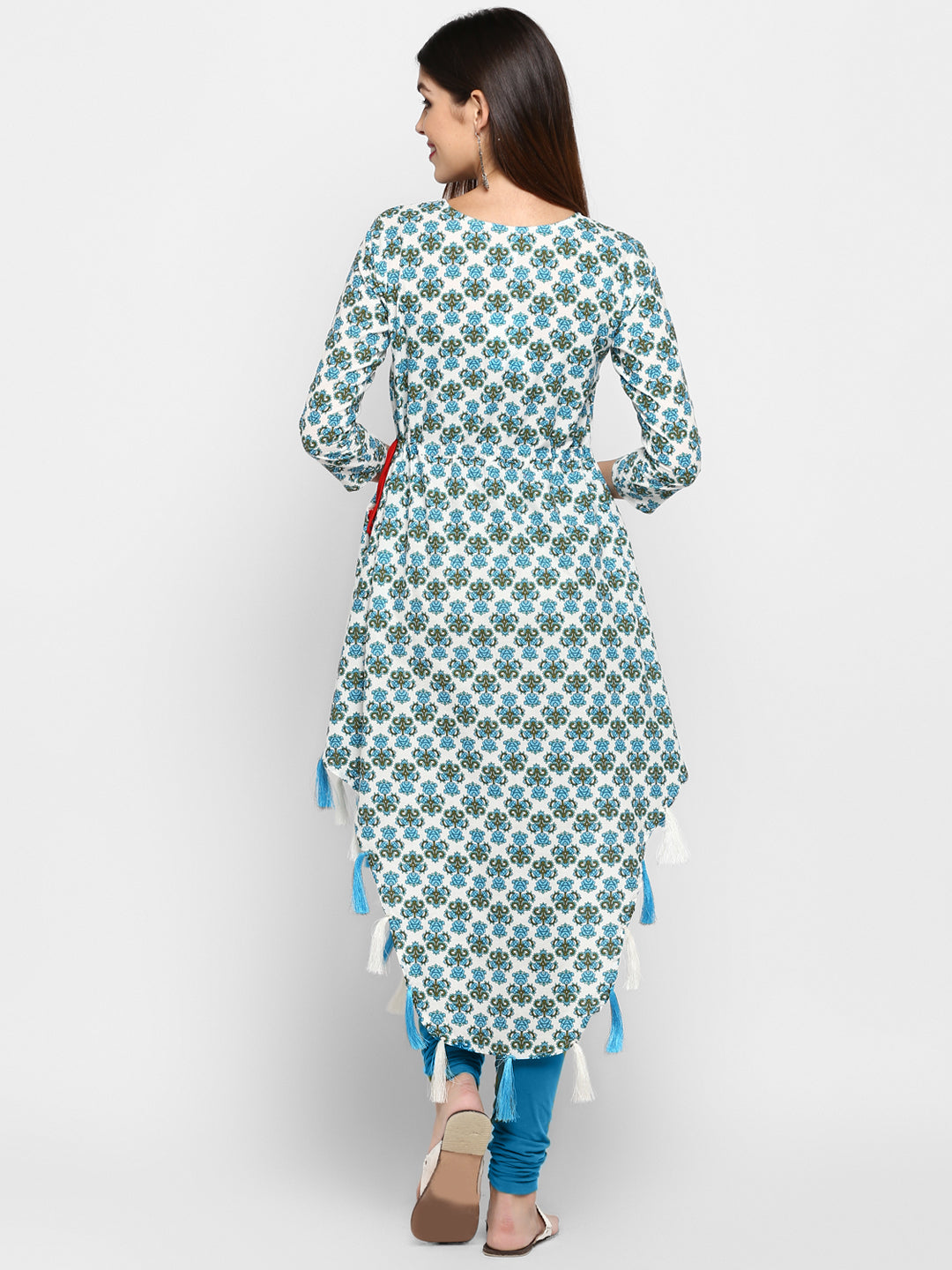 White & Sky Blue Color Cotton Asymmetric Kurti