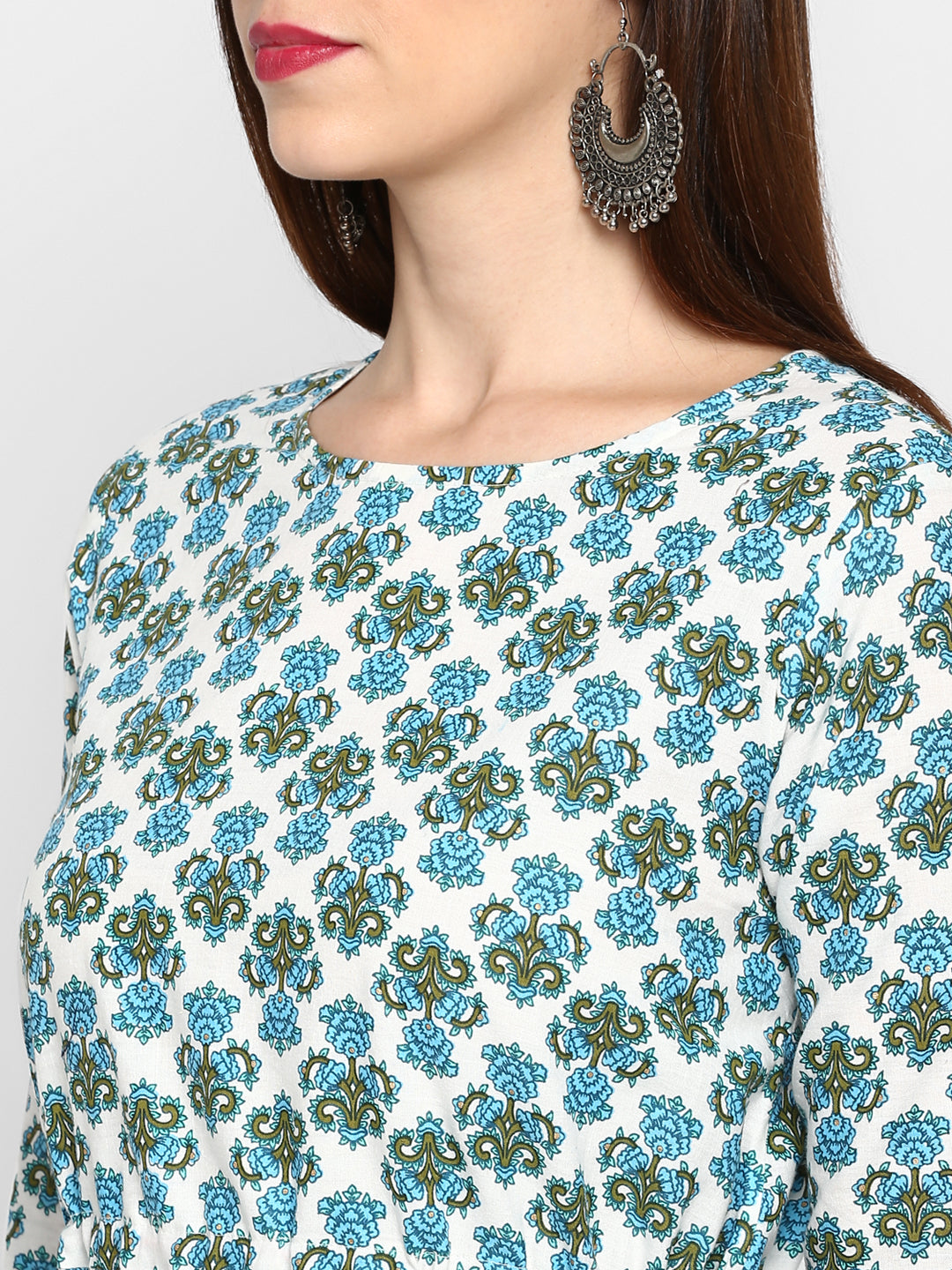 White & Sky Blue Color Cotton Asymmetric Kurti