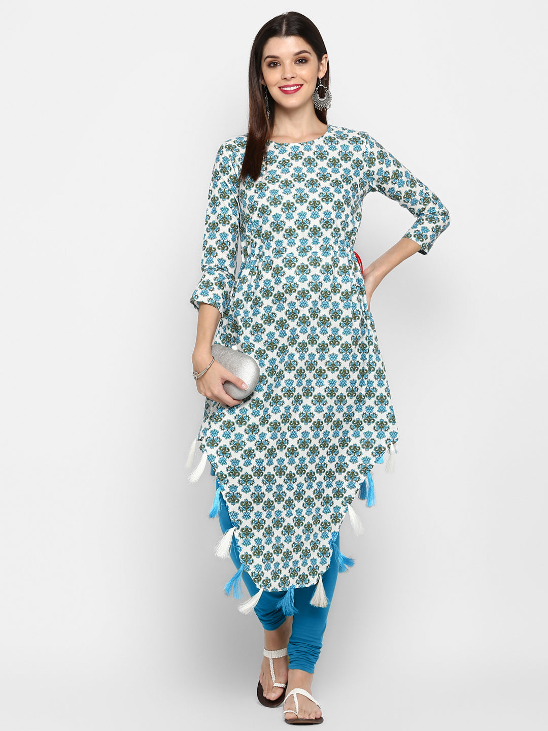 White & Sky Blue Color Cotton Asymmetric Kurti
