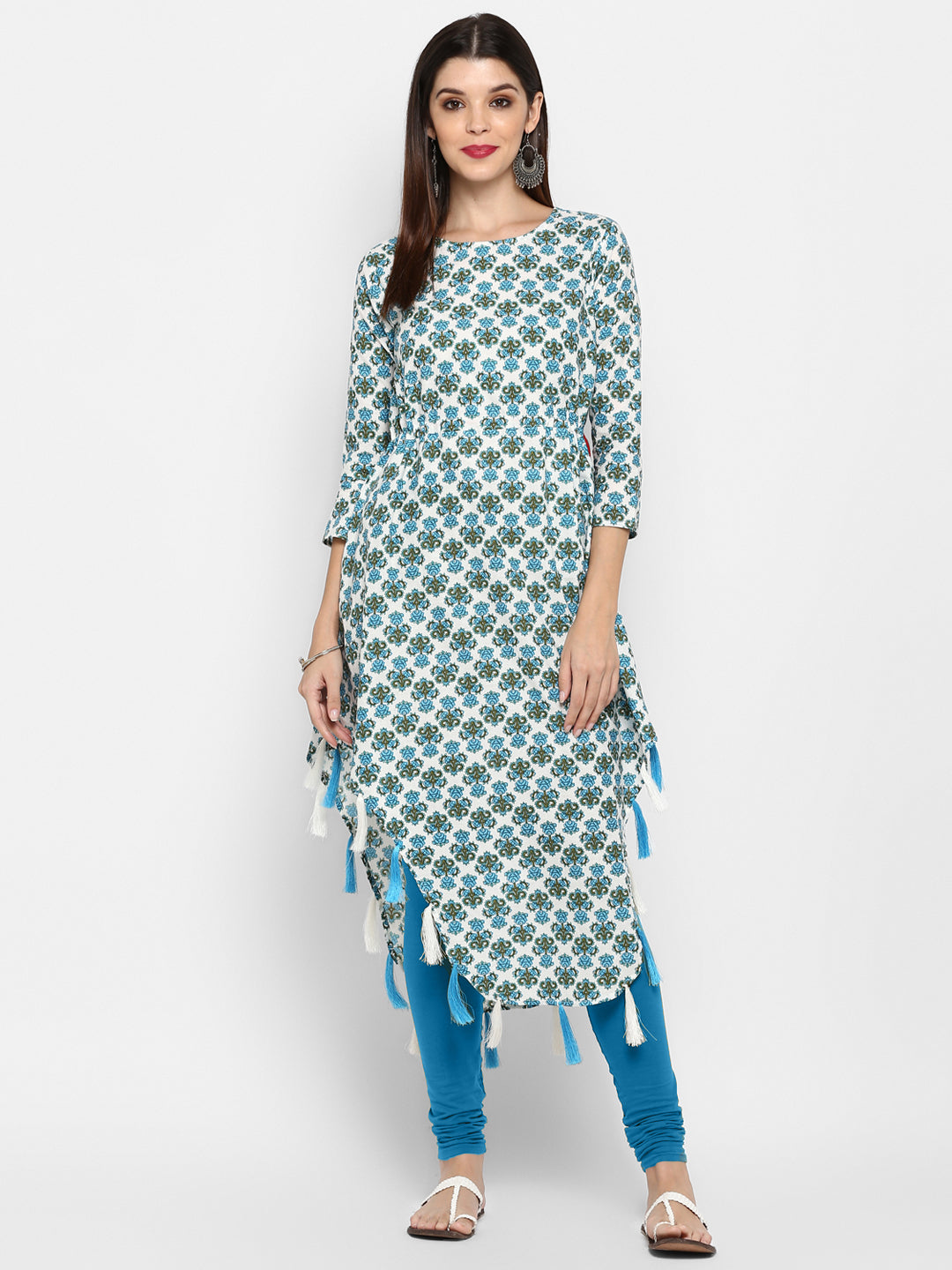 White & Sky Blue Color Cotton Asymmetric Kurti