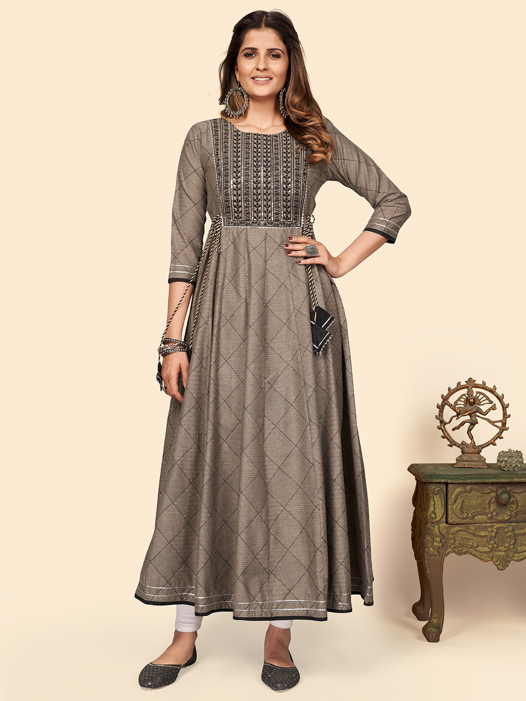 Brown Embroidered Anarkali Cotton Blend Gown