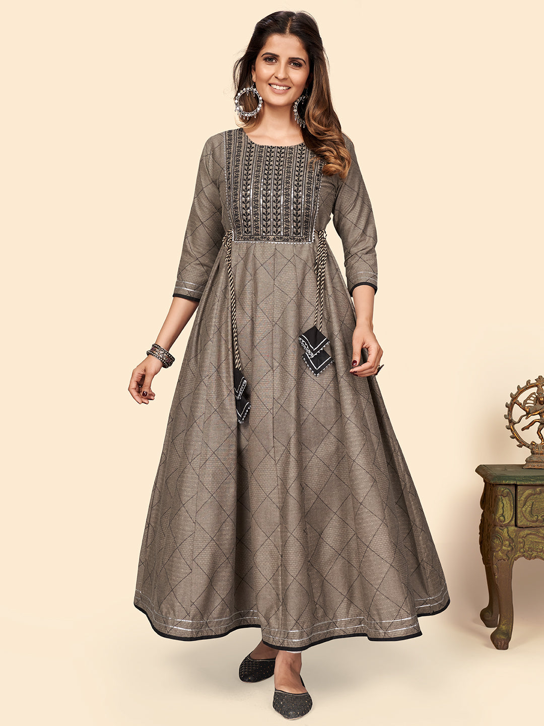 Brown Embroidered Anarkali Cotton Blend Gown