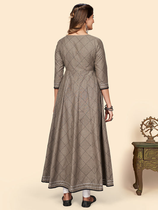 Brown Embroidered Anarkali Cotton Blend Gown