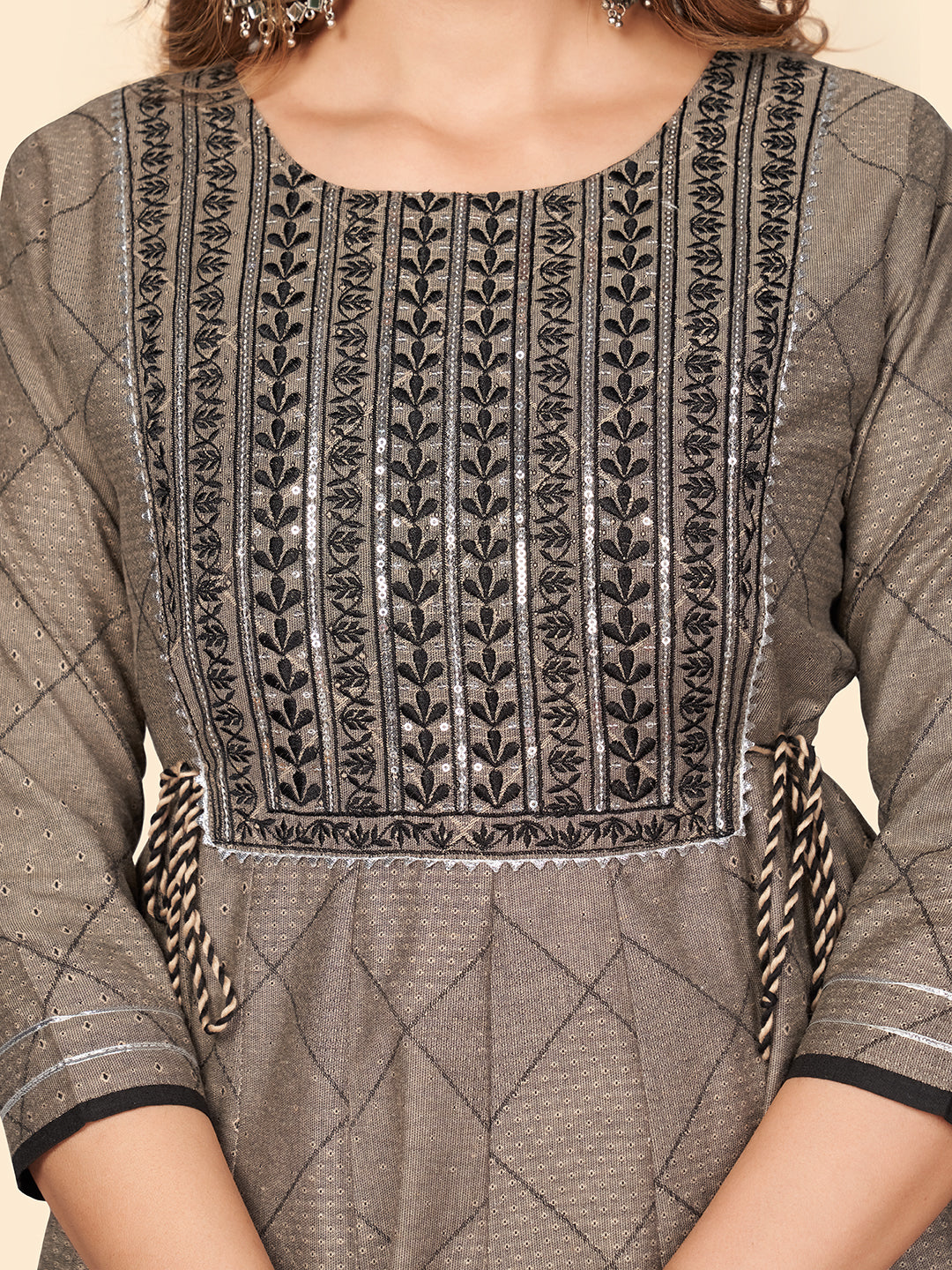 Brown Embroidered Anarkali Cotton Blend Gown