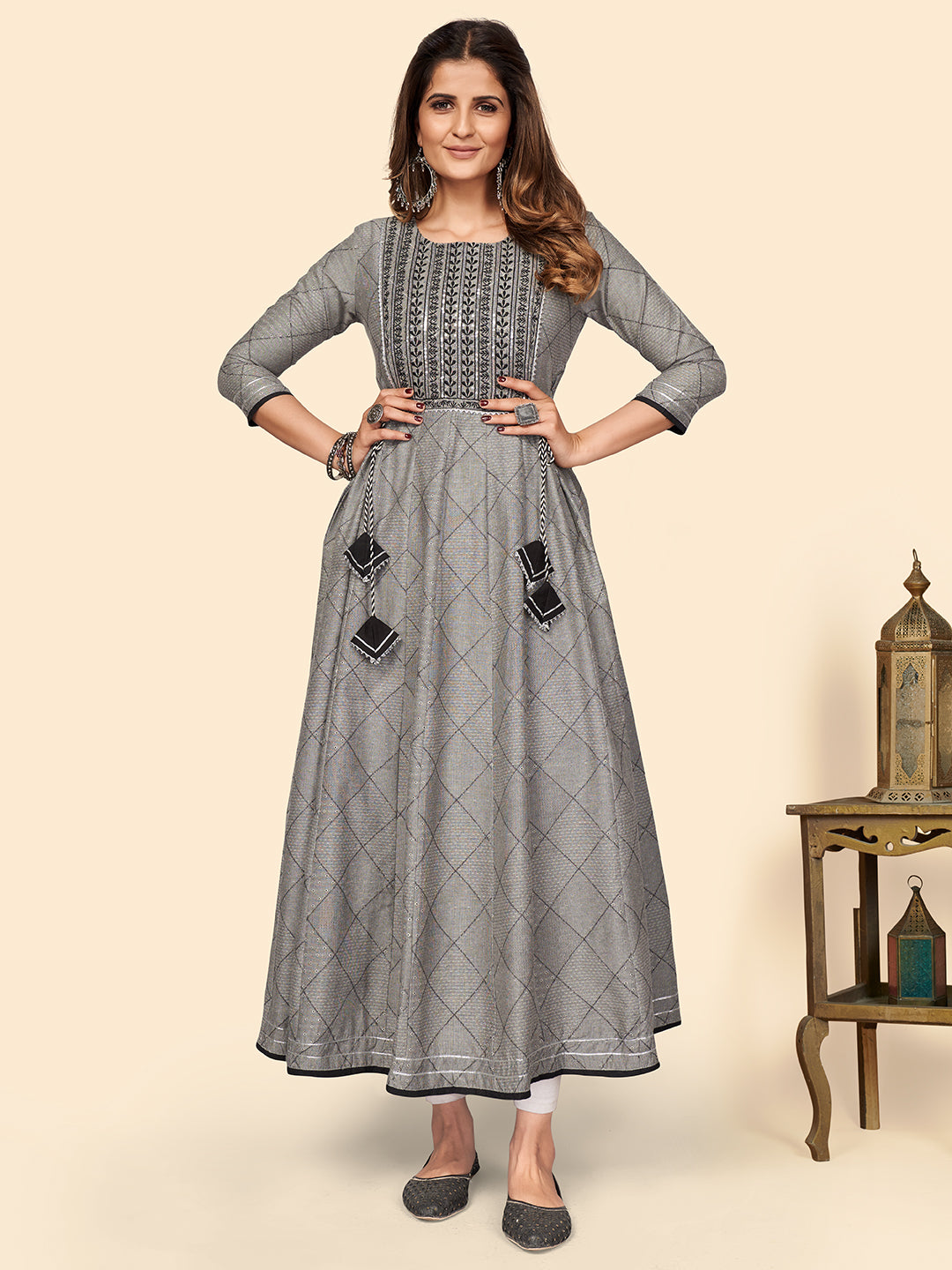 Grey Embroidered Anarkali Cotton Blend Kurta