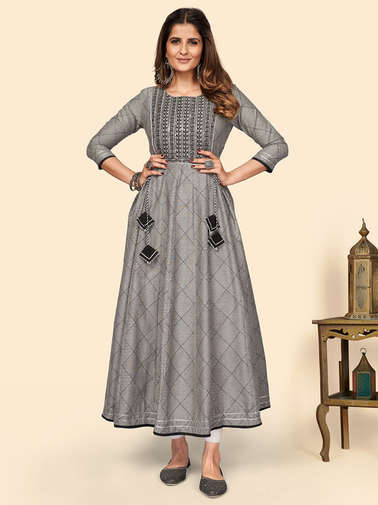 Grey Embroidered Anarkali Cotton Blend Kurta