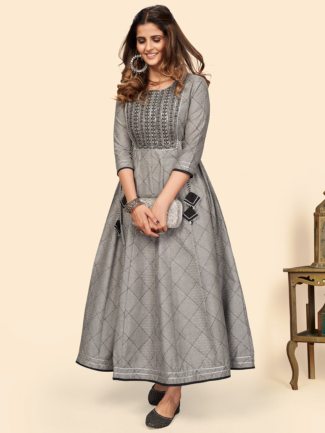 Grey Embroidered Anarkali Cotton Blend Kurta