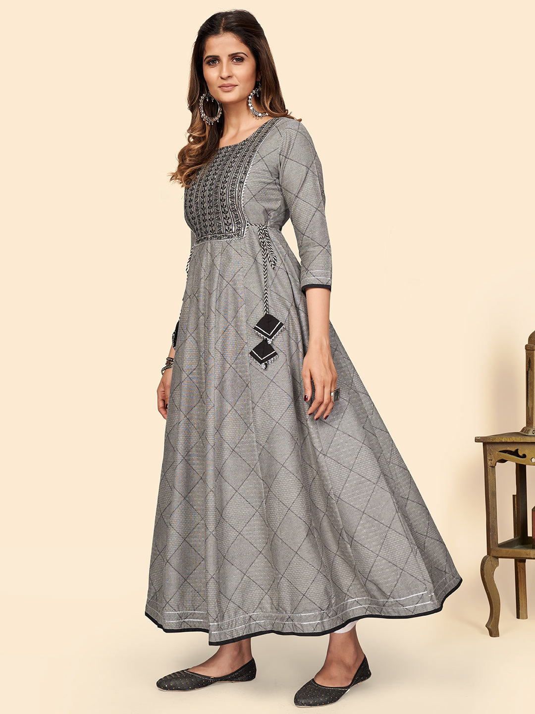 Grey Embroidered Anarkali Cotton Blend Kurta