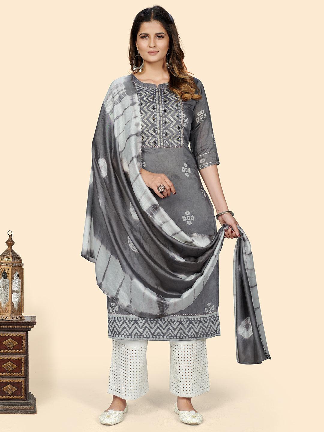 Grey Straight Chanderi Kurta With Dupatta
