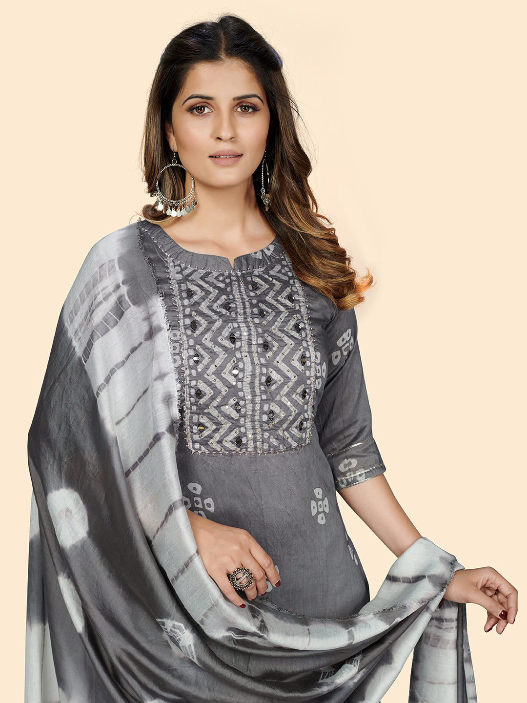 Grey Straight Chanderi Kurta With Dupatta