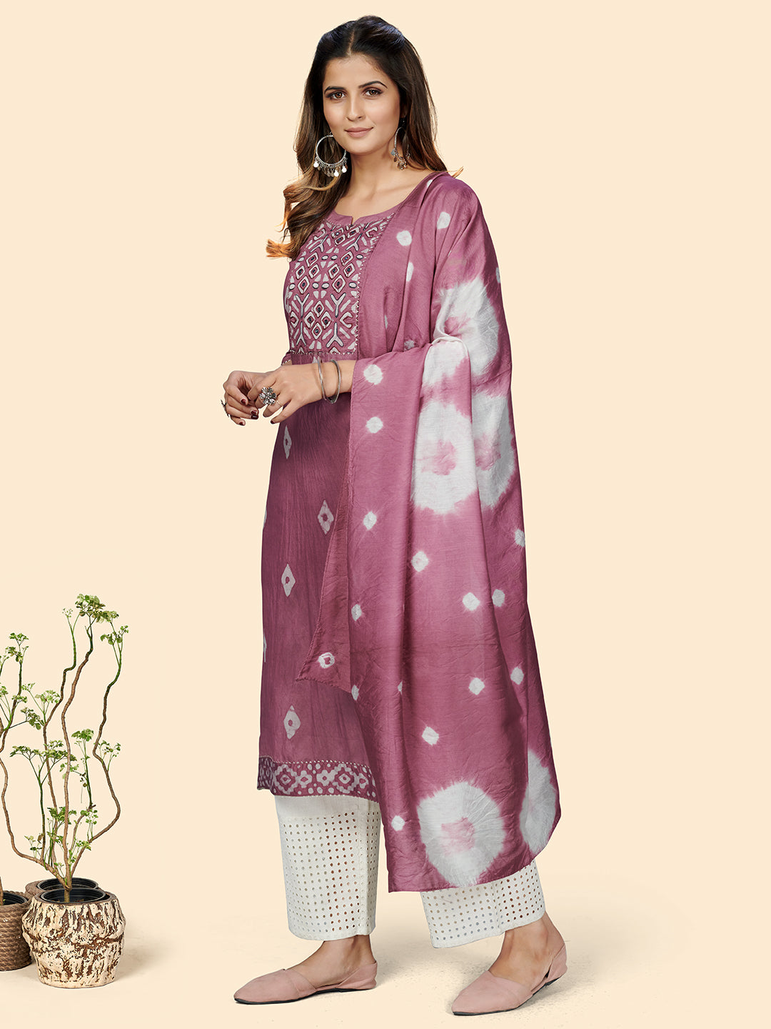 Pink Straight Chanderi Rust Kurta With Dupatta