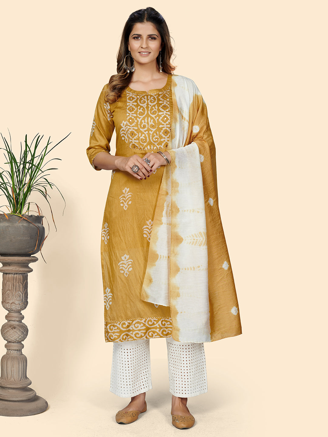Yellow Straight Chanderi Kurta With Dupatta