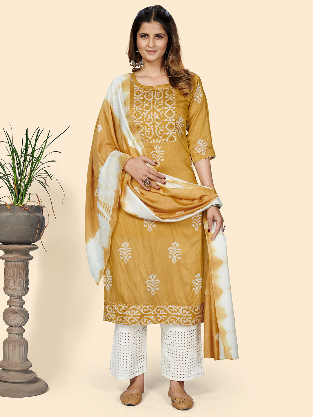 Yellow Straight Chanderi Kurta With Dupatta