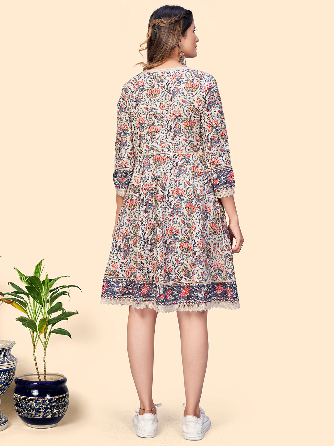 Beige Floral Print Flared Cotton Dress