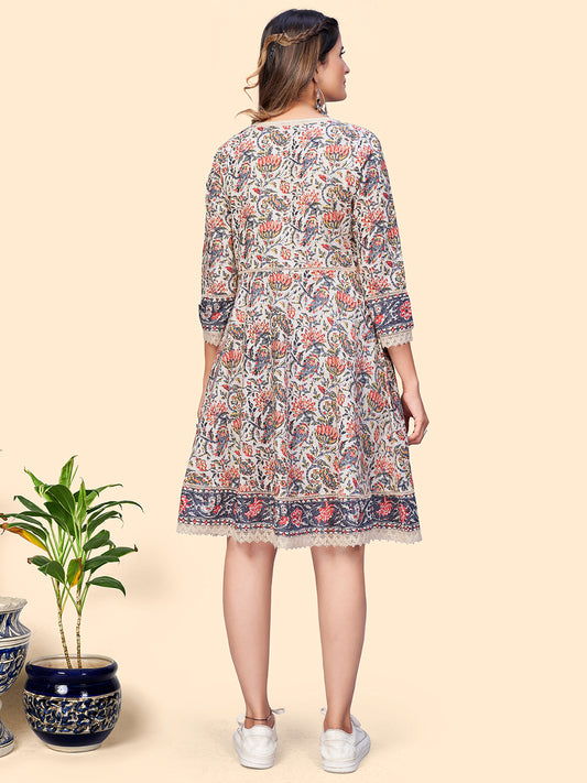 Beige Floral Print Flared Cotton Dress
