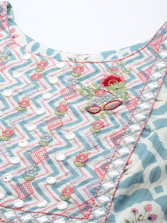Light Blue Embroidered Flared Cotton Dress