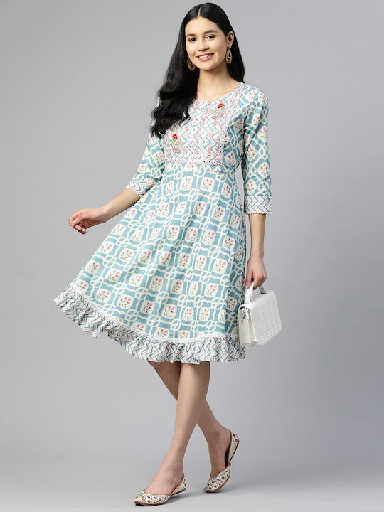 Light Blue Embroidered Flared Cotton Dress
