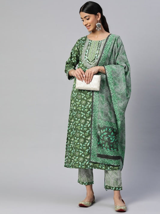 Green Straight Cotton Kurta Set