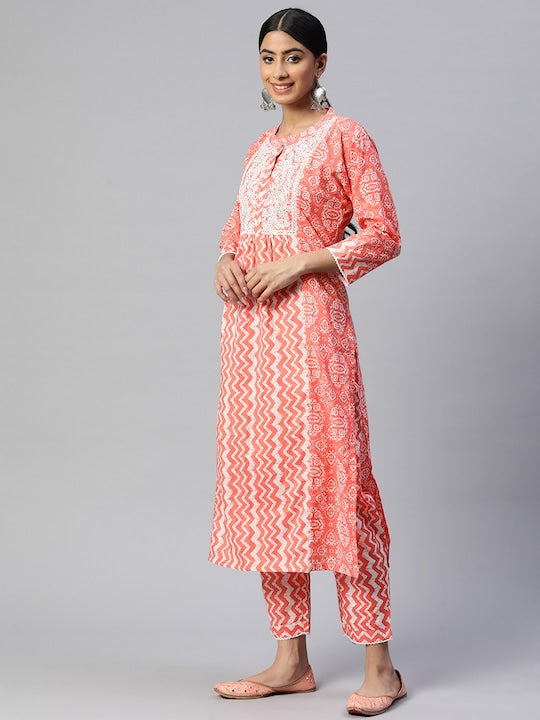 Coral Embroidered A-Line Cotton Kurta Set
