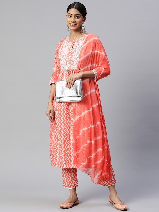 Coral Embroidered A-Line Cotton Kurta Set