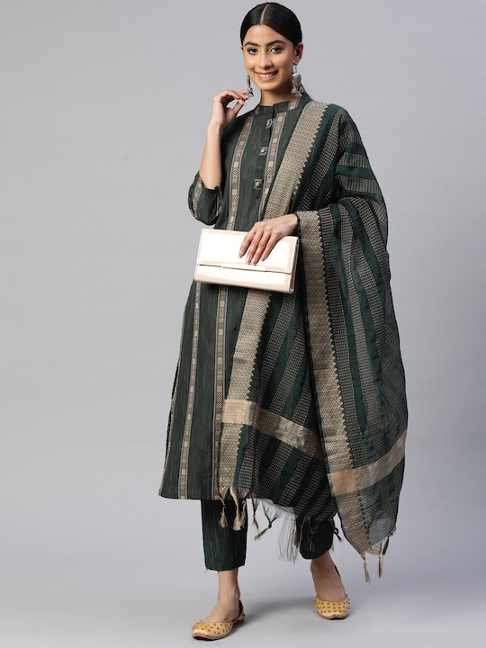 Green Printed Straight Cotton Blend Kurta Set