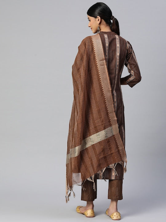 Brown Printed Straight Cotton Blend Kurta Set