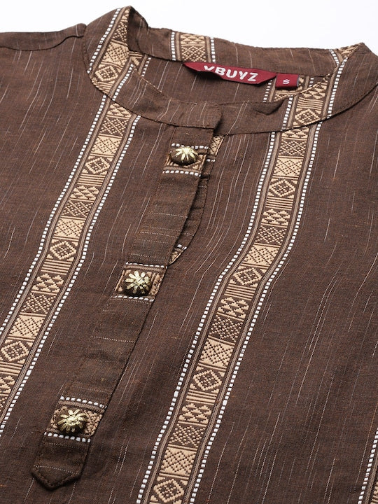 Brown Printed Straight Cotton Blend Kurta Set