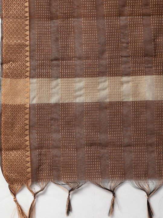 Brown Printed Straight Cotton Blend Kurta Set