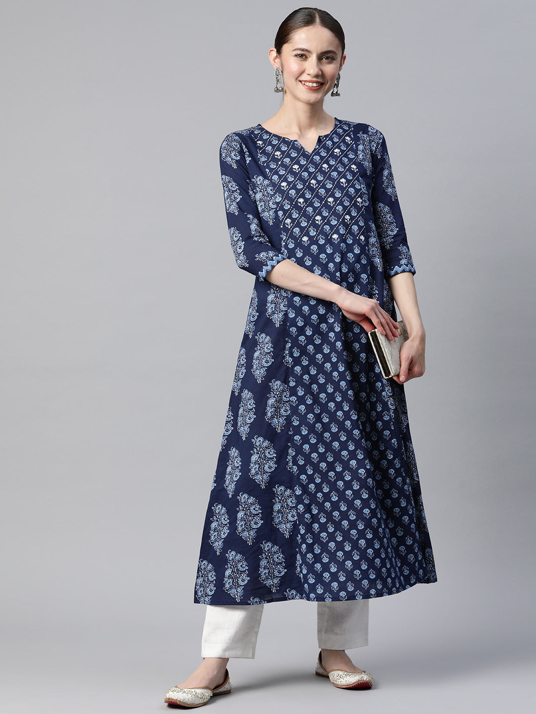 Blue Print & Hand Work A-Line Cotton Kurta