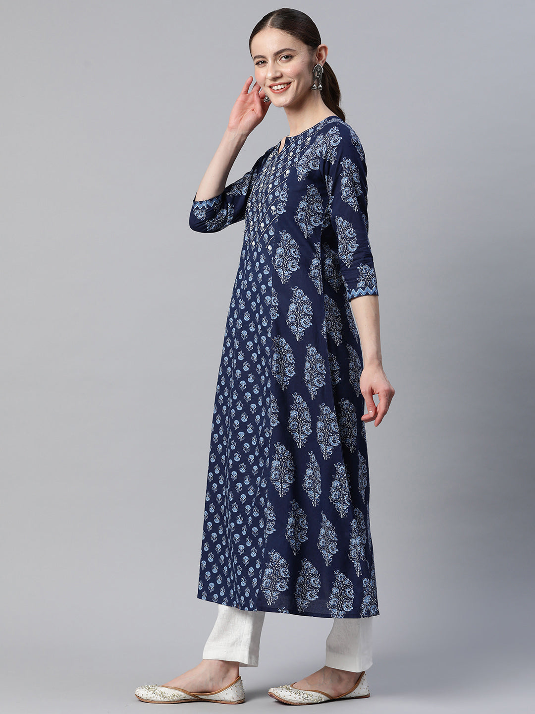 Blue Print & Hand Work A-Line Cotton Kurta