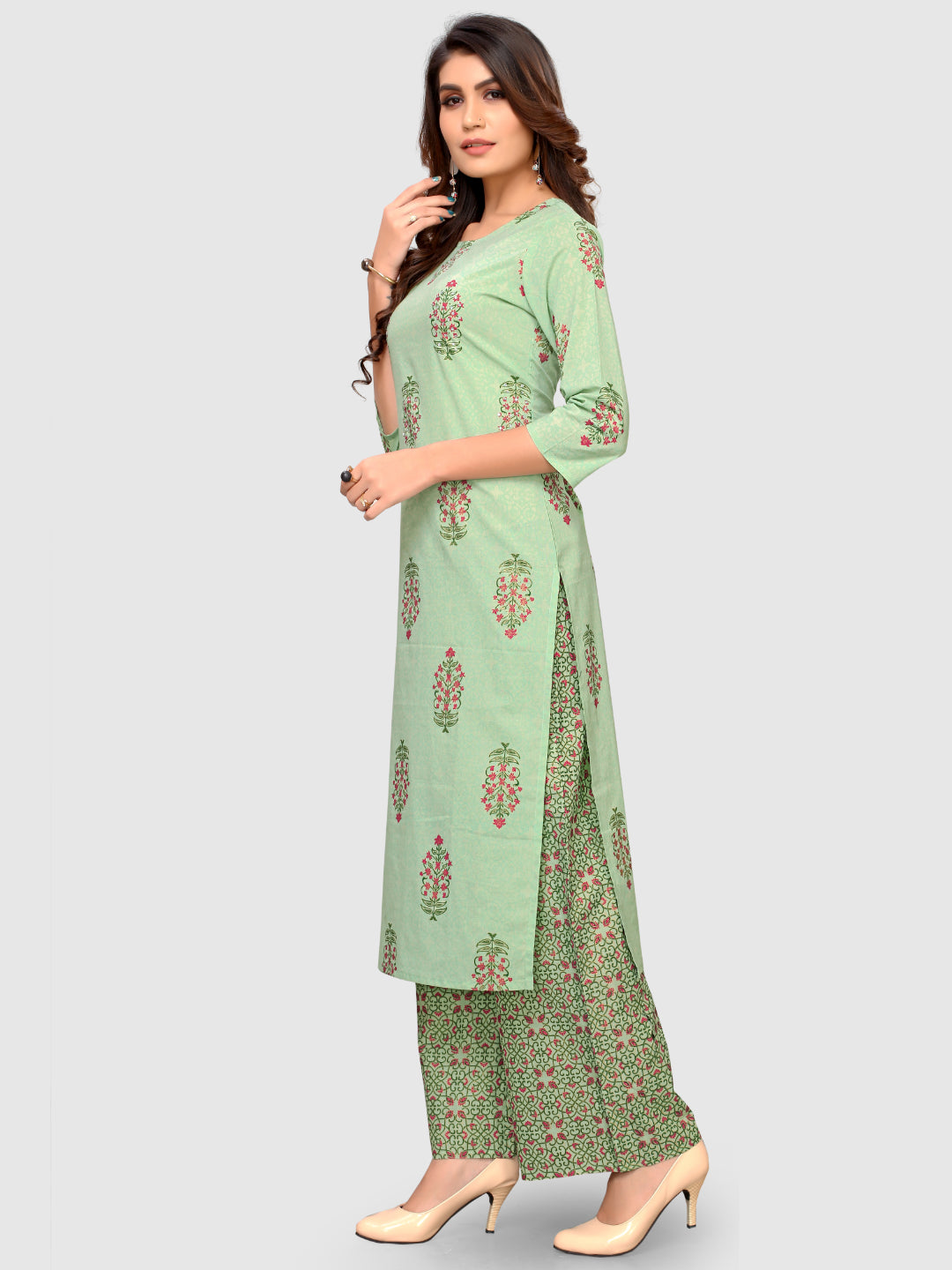 Light Green Cotton Straight Kurti