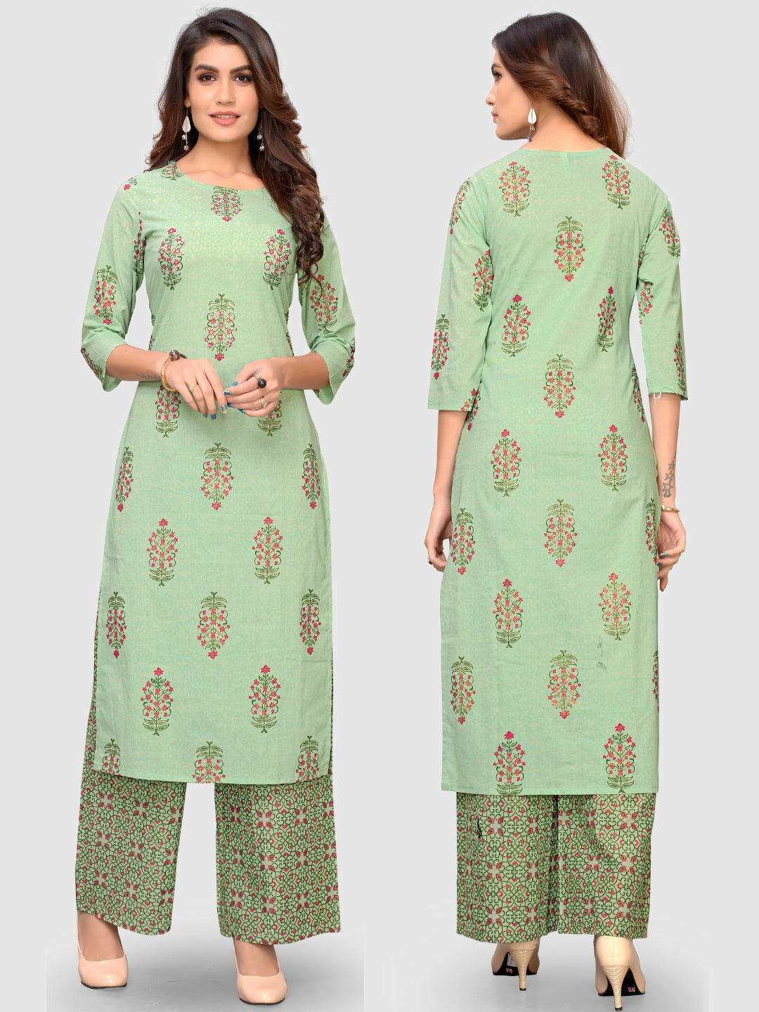 Light Green Cotton Straight Kurti