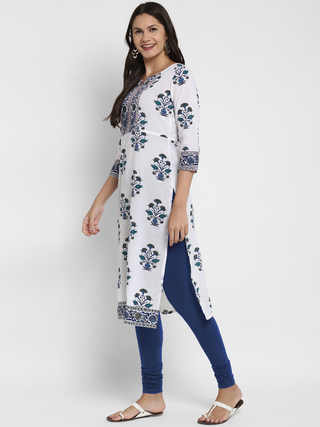 White Printed A-line Cotton Kurta