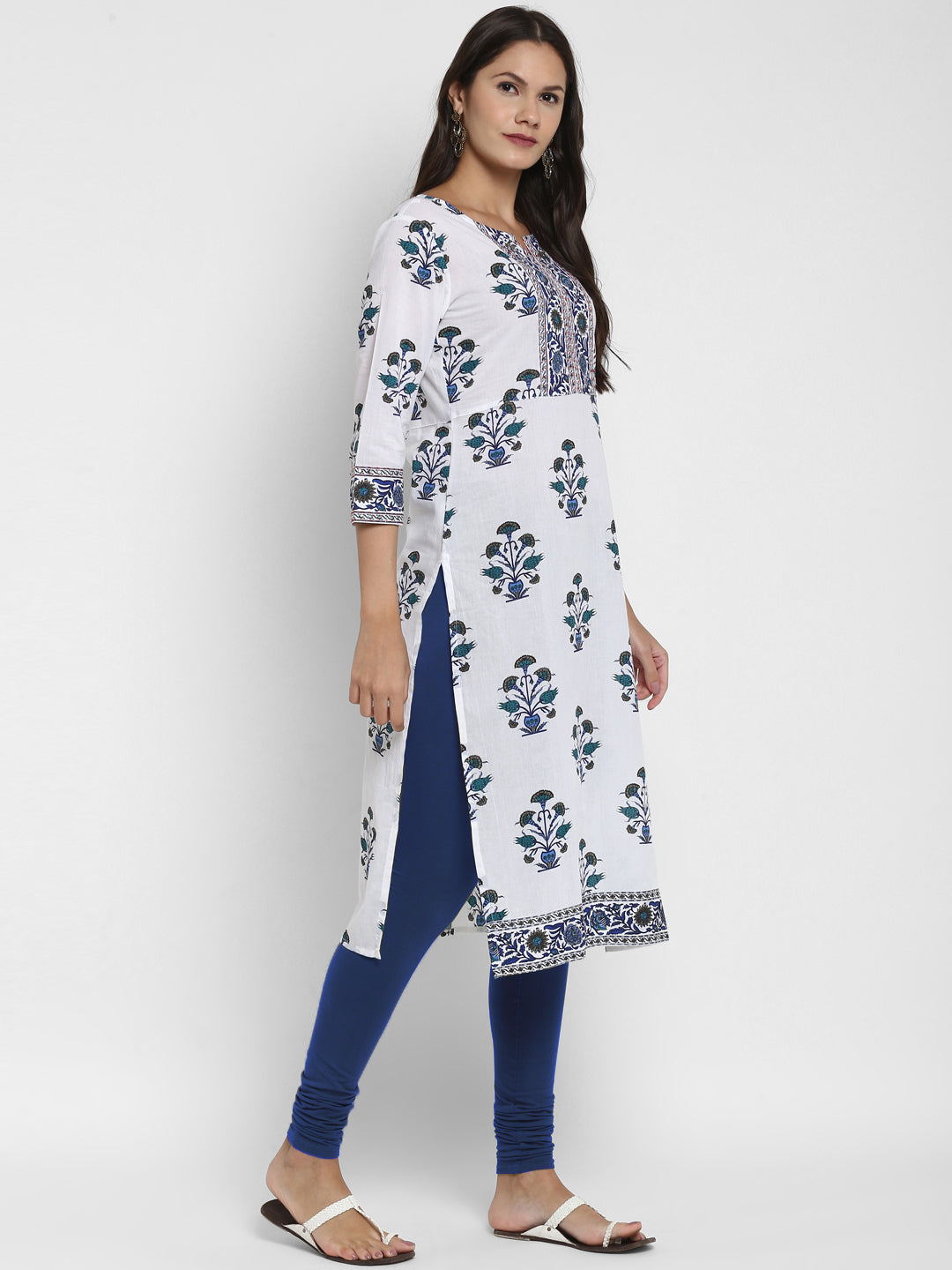 White Printed A-line Cotton Kurta