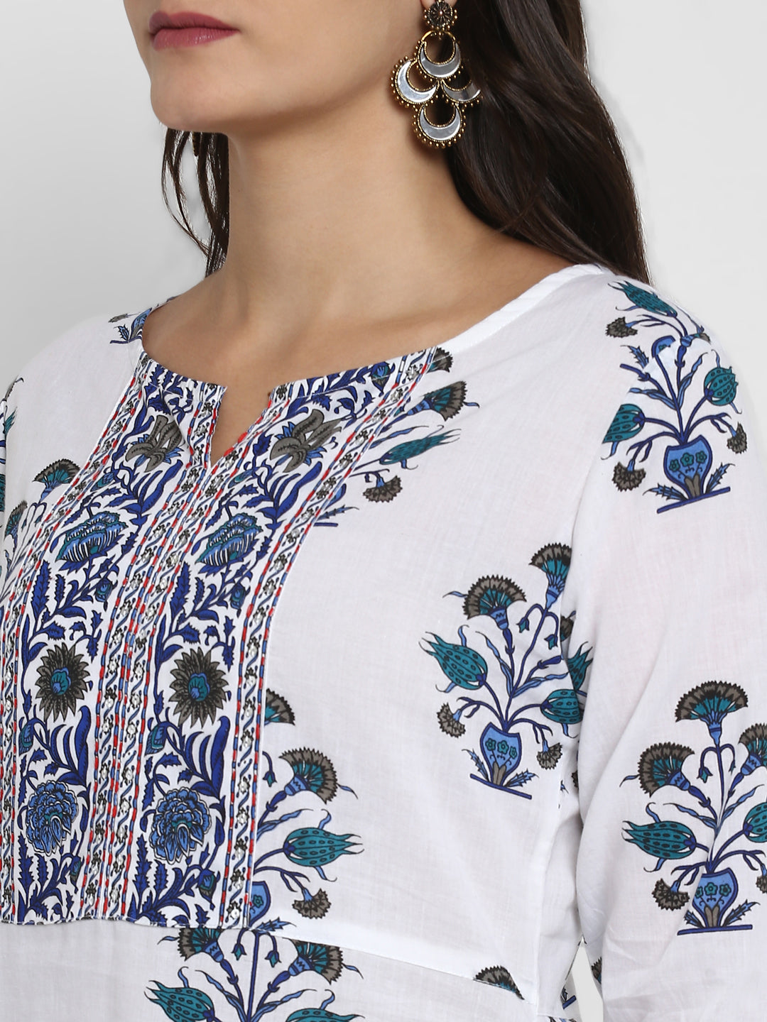 White Printed A-line Cotton Kurta