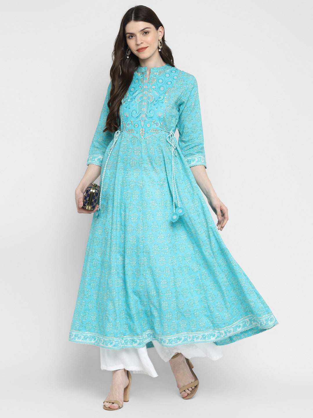 Sky Blue Embroidered Anarkali Cotton Kurta