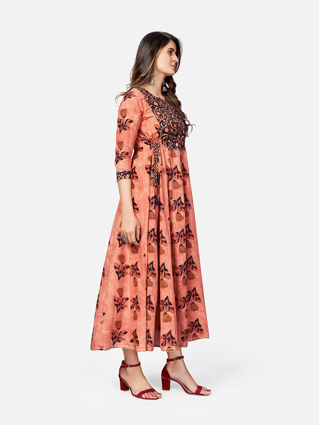 Brown Emboidered Anarkali Cotton Kurta