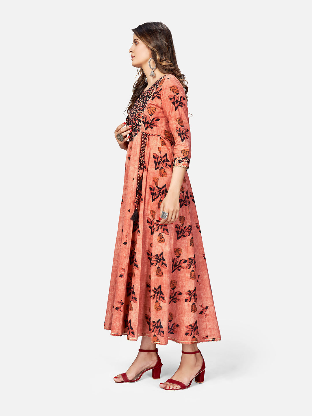 Brown Emboidered Anarkali Cotton Kurta