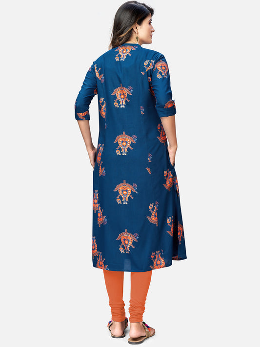 Blue Printed A-Line Rayon Kurta