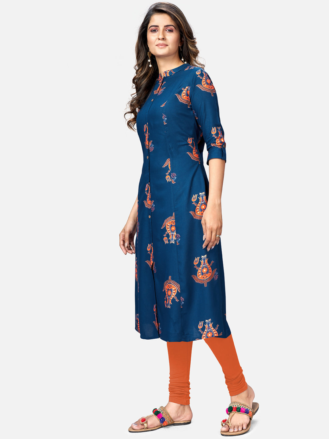 Blue Printed A-Line Rayon Kurta
