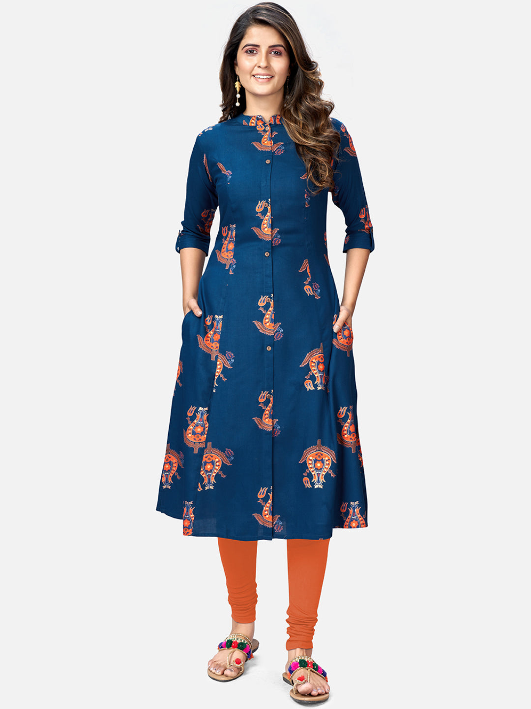 Blue Printed A-Line Rayon Kurta