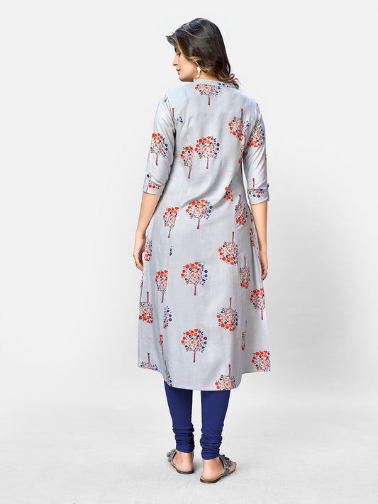 Grey Printed A-Line Rayon Kurta