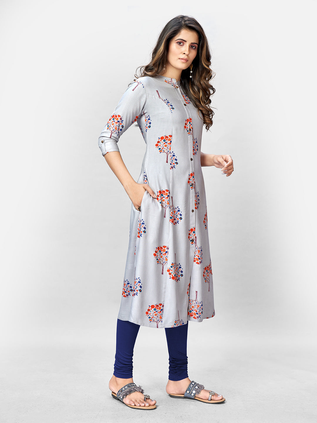 Grey Printed A-Line Rayon Kurta