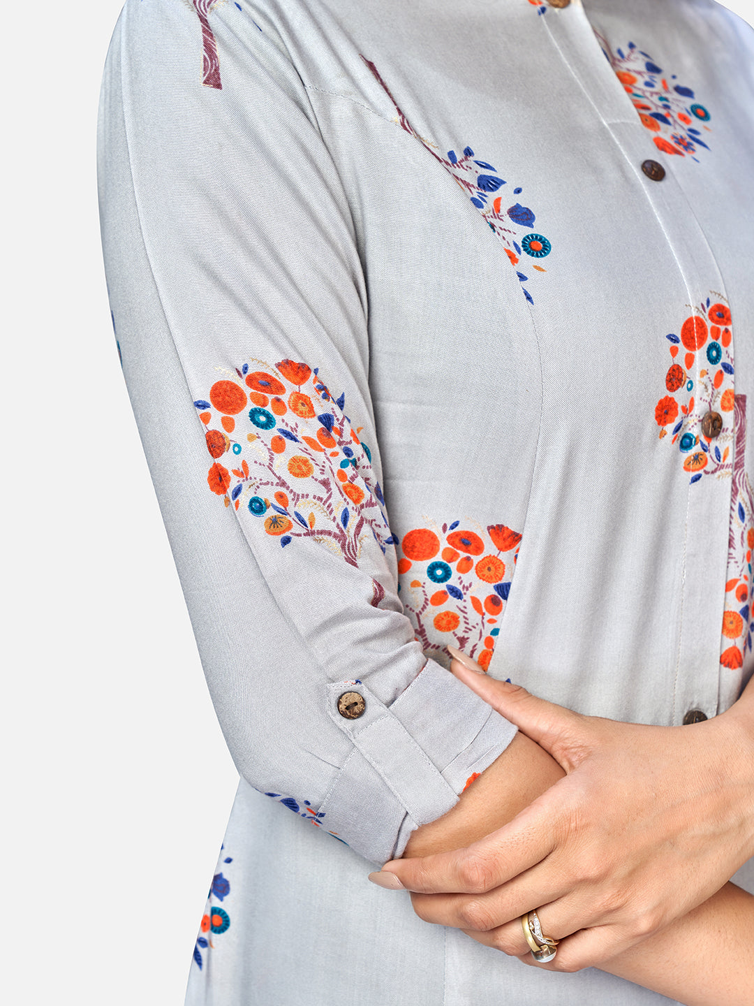Grey Printed A-Line Rayon Kurta