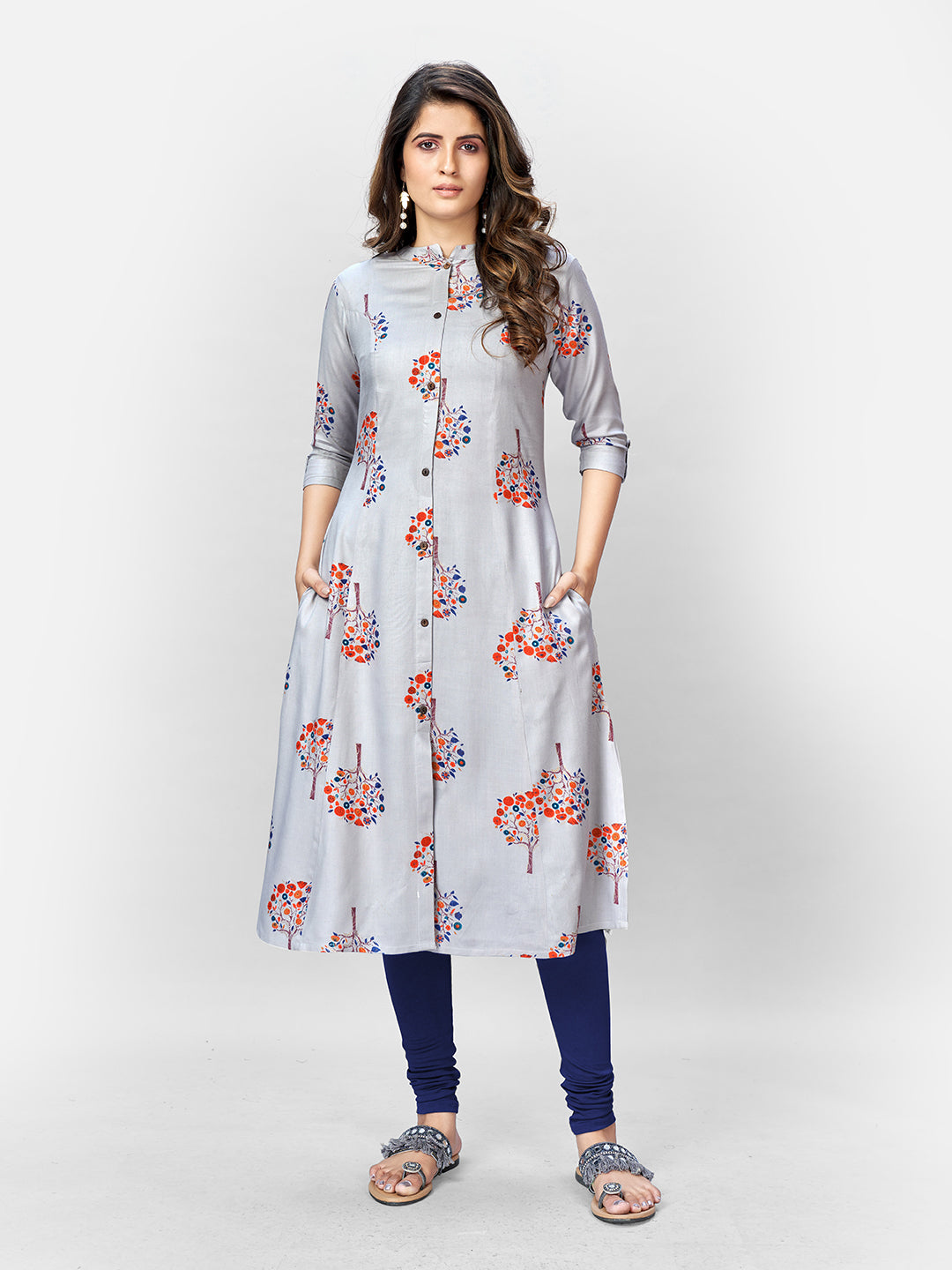 Grey Printed A-Line Rayon Kurta