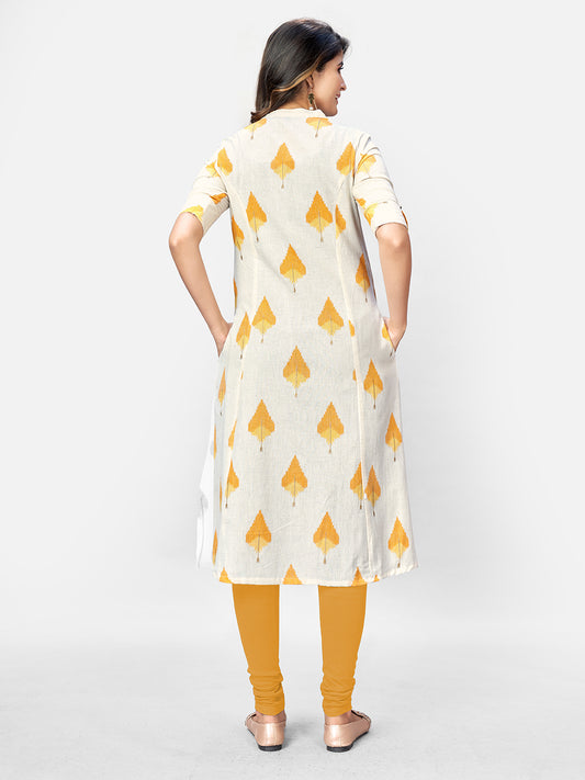 Beige Printed A-Line Cotton Kurta