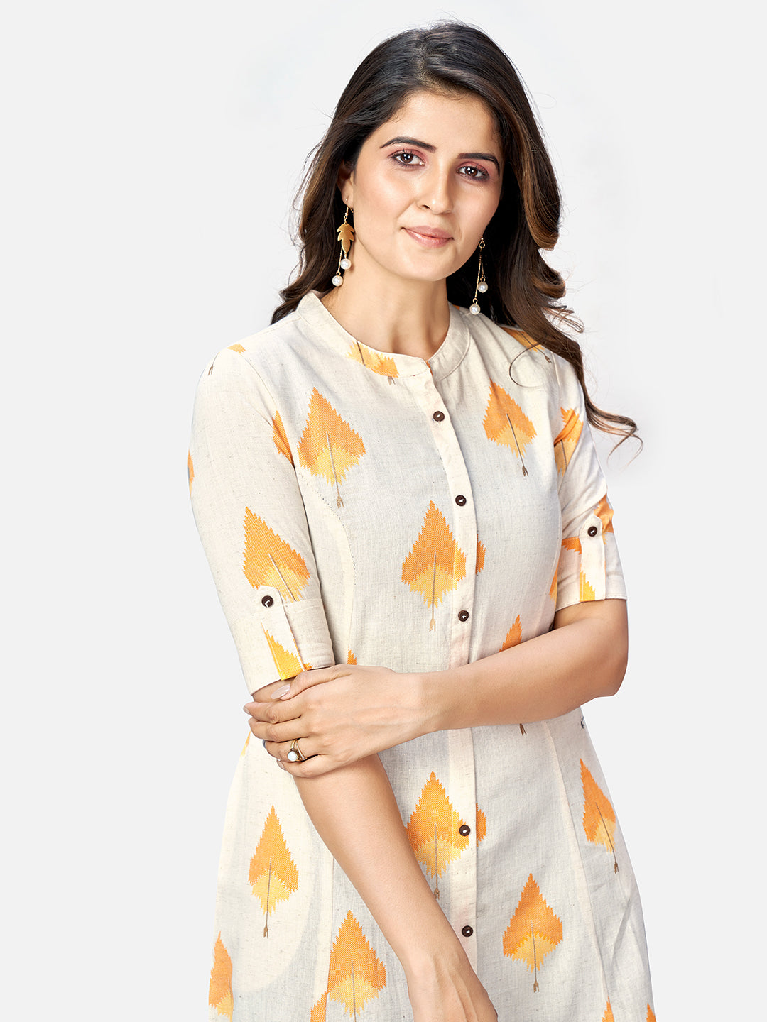 Beige Printed A-Line Cotton Kurta